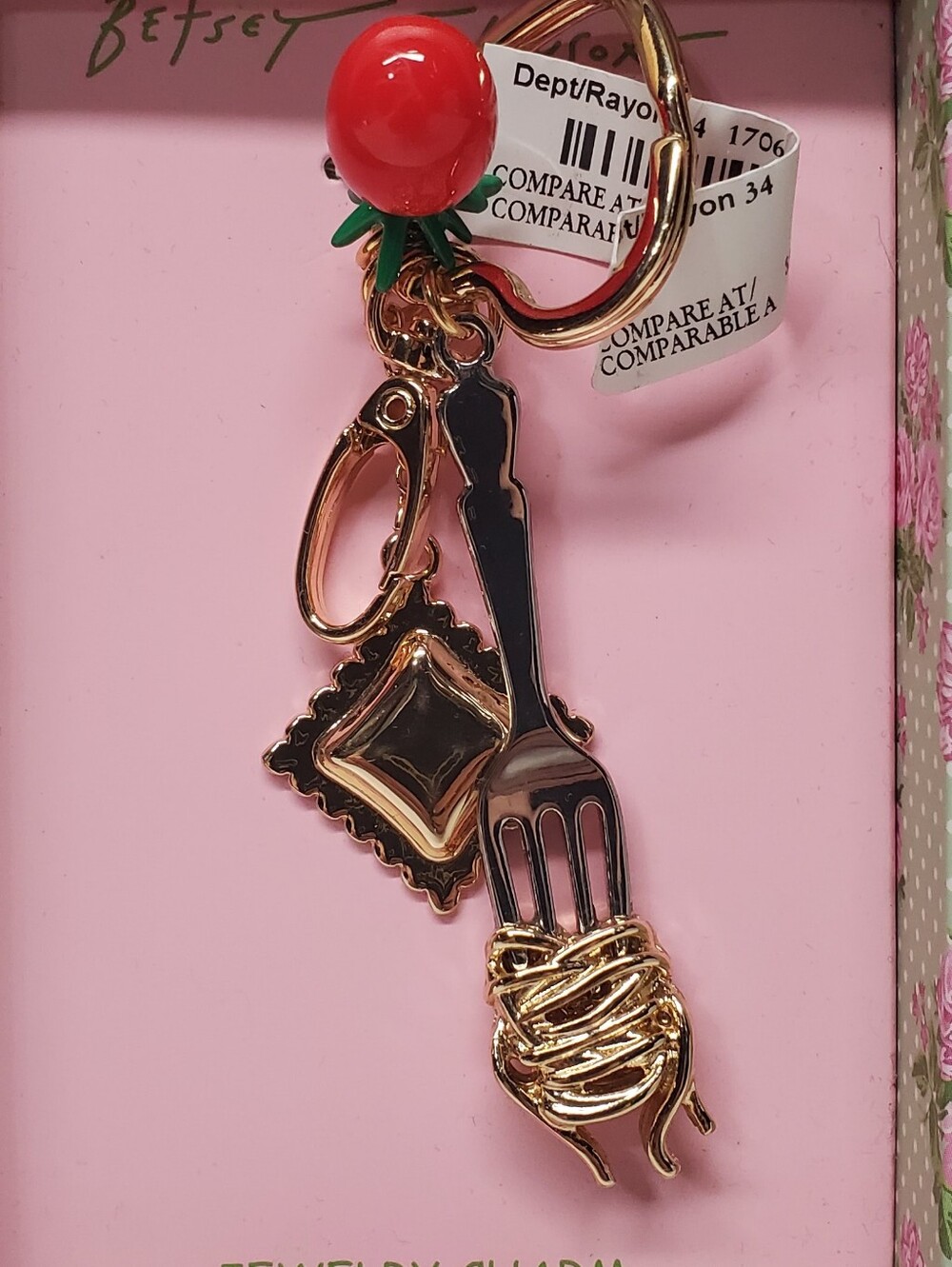 Betsey Johnson Red Cherry & Gold Pasta Fork Keychain Charm